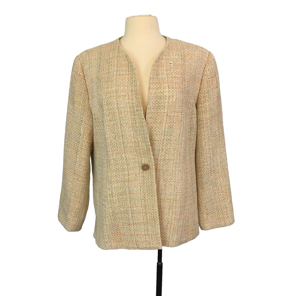 Coldwater Creek Womens Cream Green Silk Woven Textured Collarless Blazer, sz 16